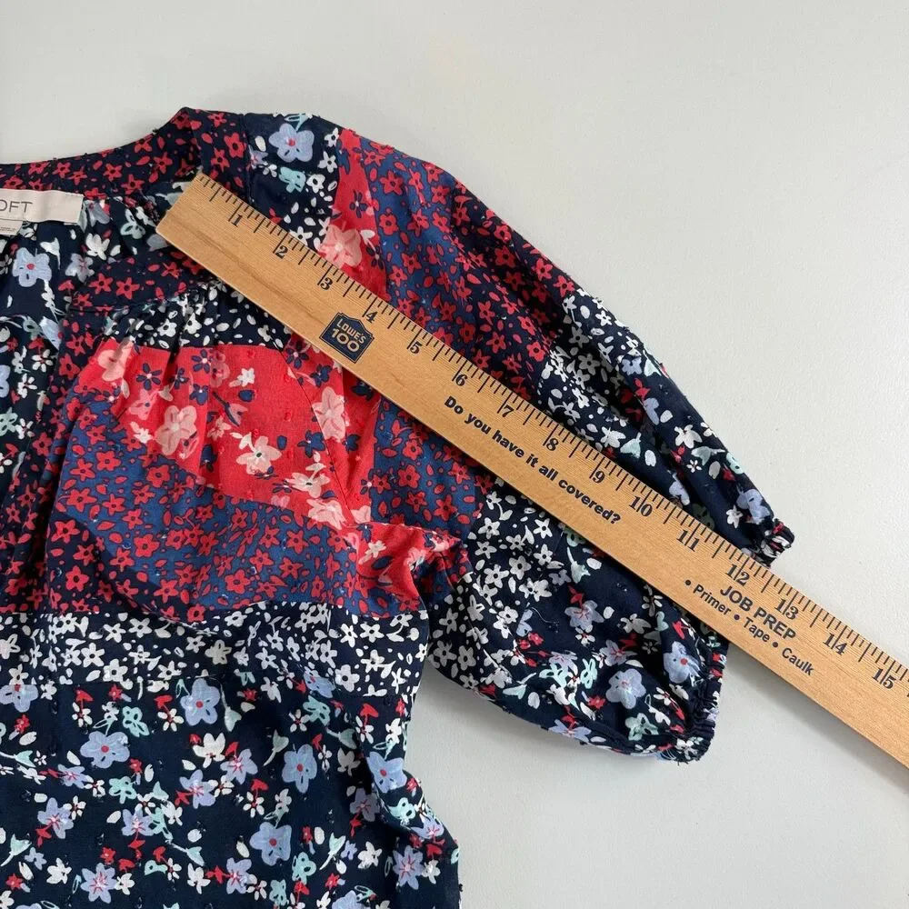 LOFT Women's Puff Sleeve Top Red White Blue Floral 100% Cotton Size XS